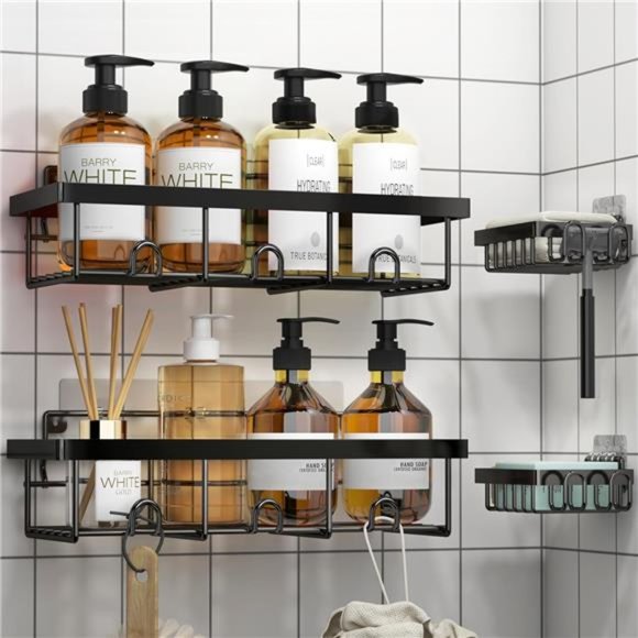 4 Pack Shower Caddy Organizer, Stainless Steel Shower Shelf with Hooks, Adhesive - Picture 1 of 7